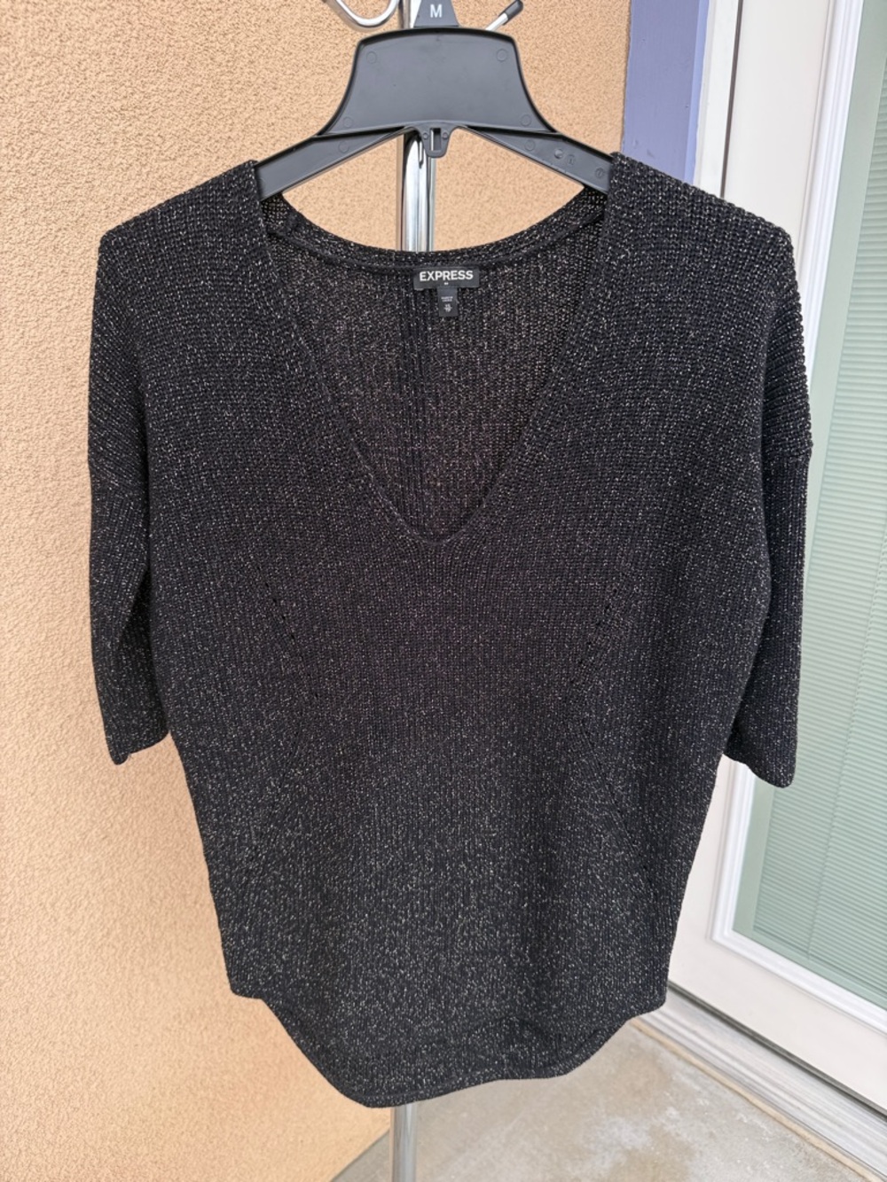 Express Black Knit V-Neck with Silver Metallic Thread